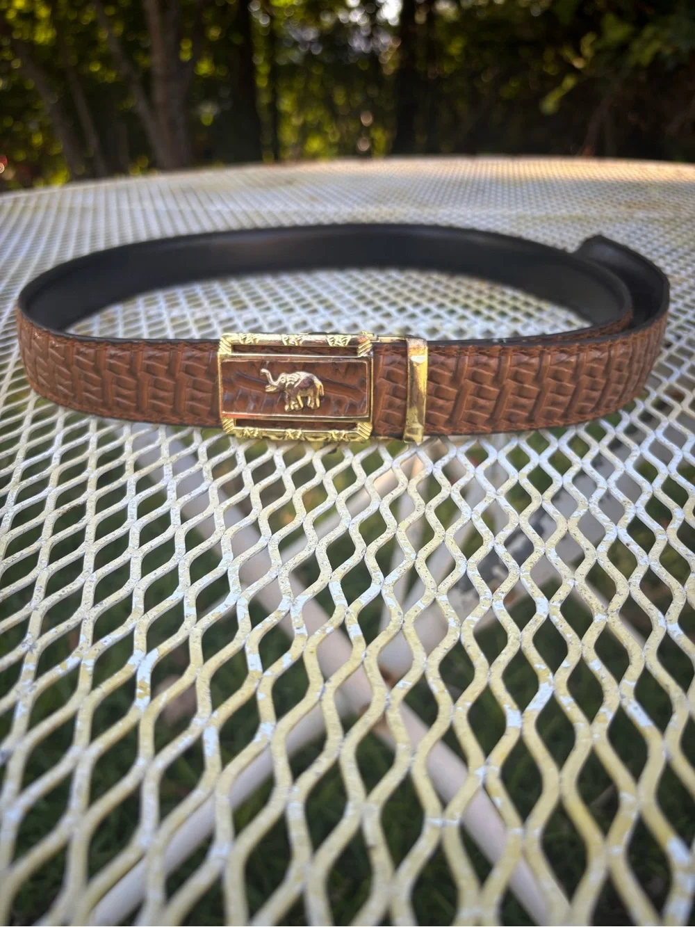 Vintage Leather Textured Brown Men's Belt with Gold Elephant Buckle with Ratchet